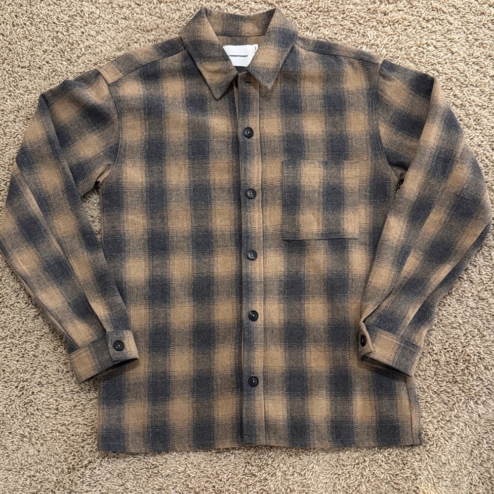 Common Market Mens Plaid Button Mathieu, Camel Plaid Shirt, Blocky Thick, sz M